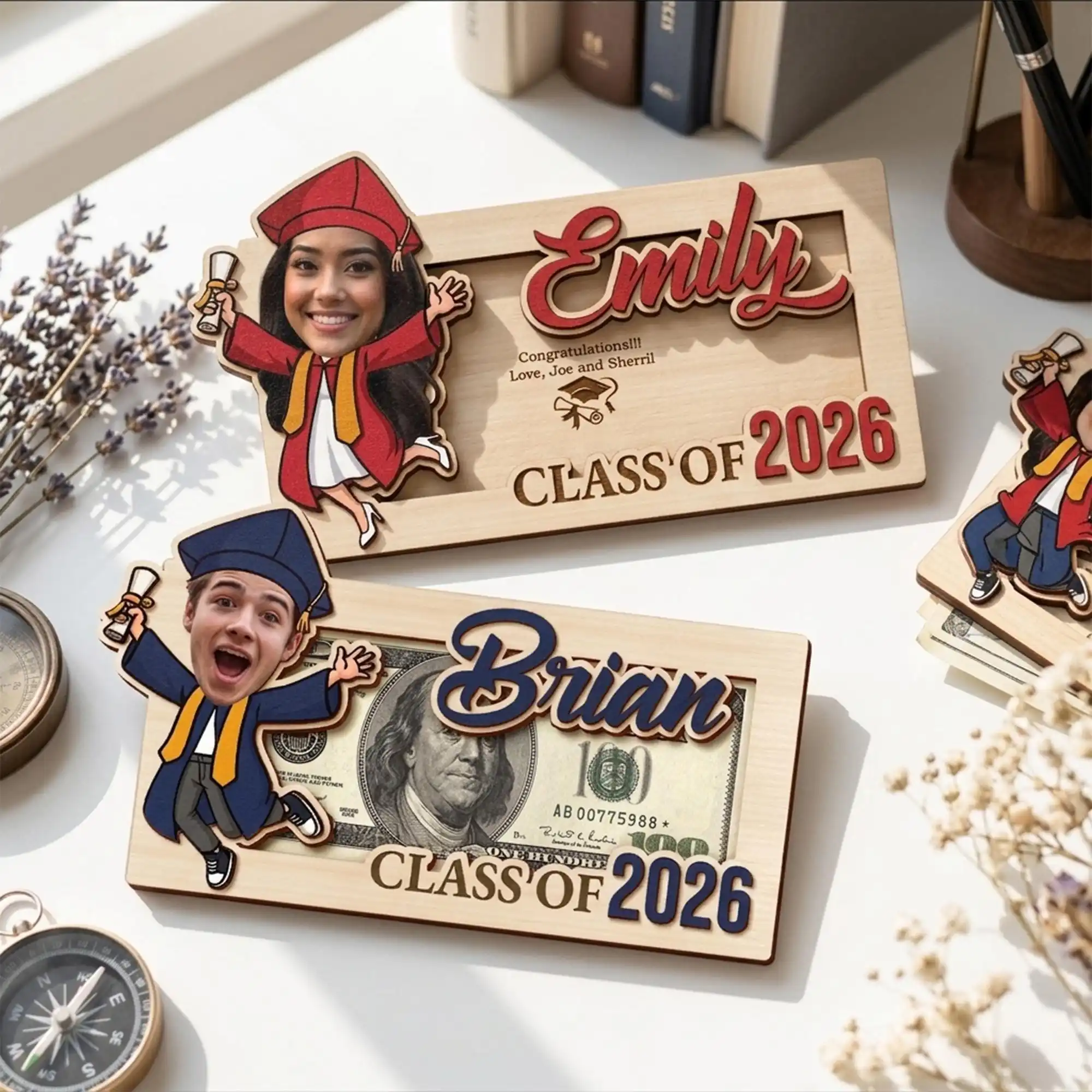 

Personalized Graduation Money Holder with Custom Photo Cartoon Face 2026 Wooden Cash Gift for High School College Graduates