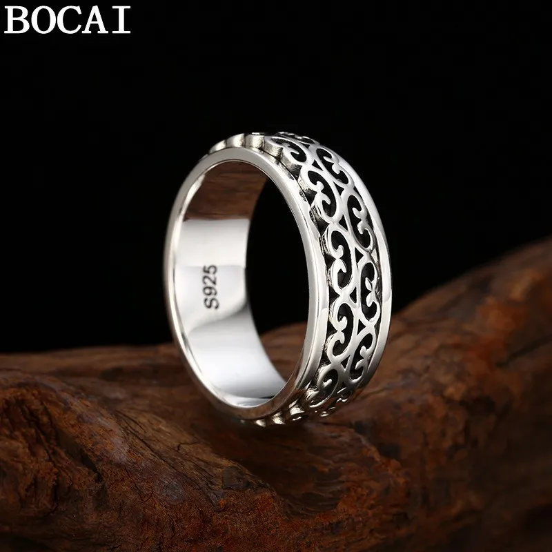 BOCAI New S925 Sterling Silver Jewelry Retro Personality Rotatable Tang Grass Pattern Ring, A Selected Gift For Men And Women