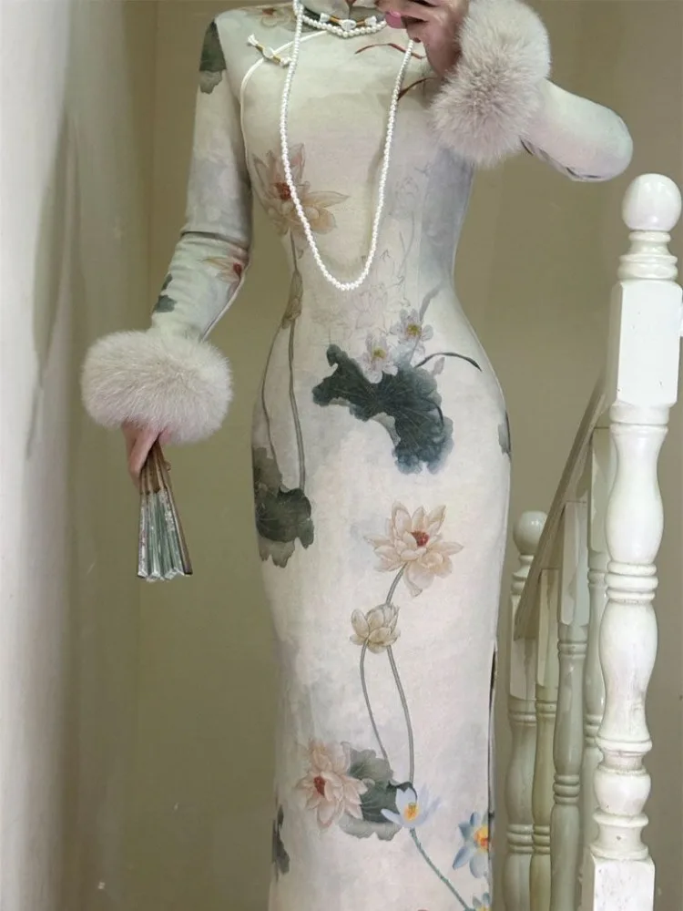 Overizdit שיפור חדש סיני qipao עתיק לשטוף הדפסה שרוול ארוך שמלות שמלות y2k רזה מותניים שמלת גוף לנשים