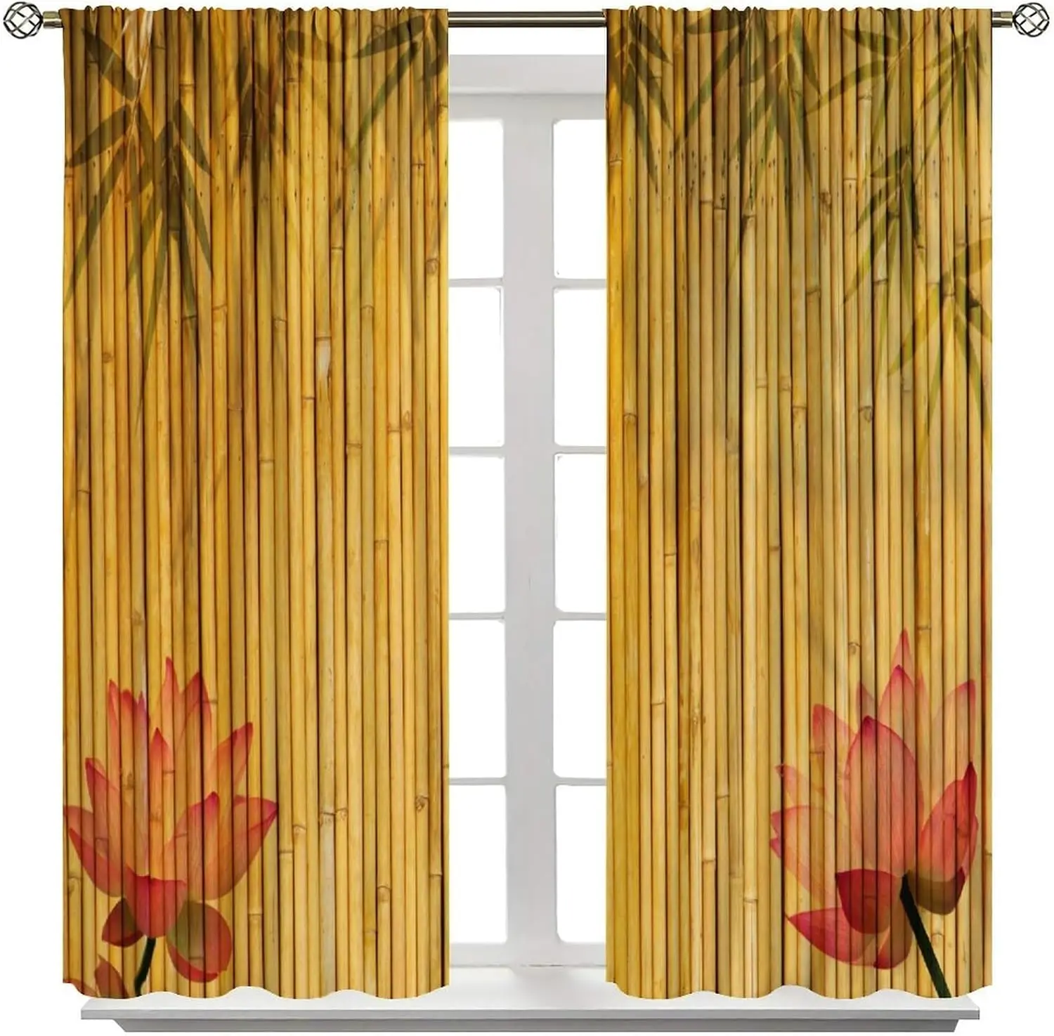 Bamboo Slats Curtain Pair 2pcs Tropical Floral Lotus Print Natural Bamboo Blinds Window Curtains for Living Room Bedroom Home De