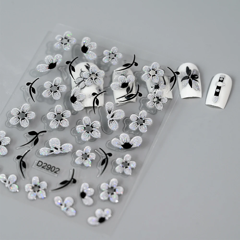 1Pcs 5D Glitter Silver Black Flowers&Belt Nail Art Stickers Spring Summer Floral Adhesive Transfer Decals DIY Manicure Sliders image 5