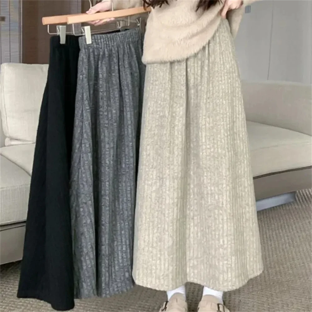 

Autumn Winter New Thicken Plush A-Line Skirts Women Solid Casual High Waisted Long Skirt Ladies Lazy Style Midi Skirts
