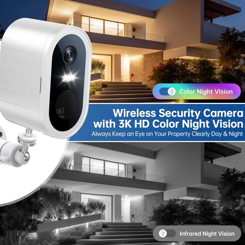 Caméras de sécurité 2k sans fil pour l'extérieur, paquet de 2, caméras pour la sécurité de la maison, caméra de sécurité alimentée par batterie, surveillance wifi 2.4g