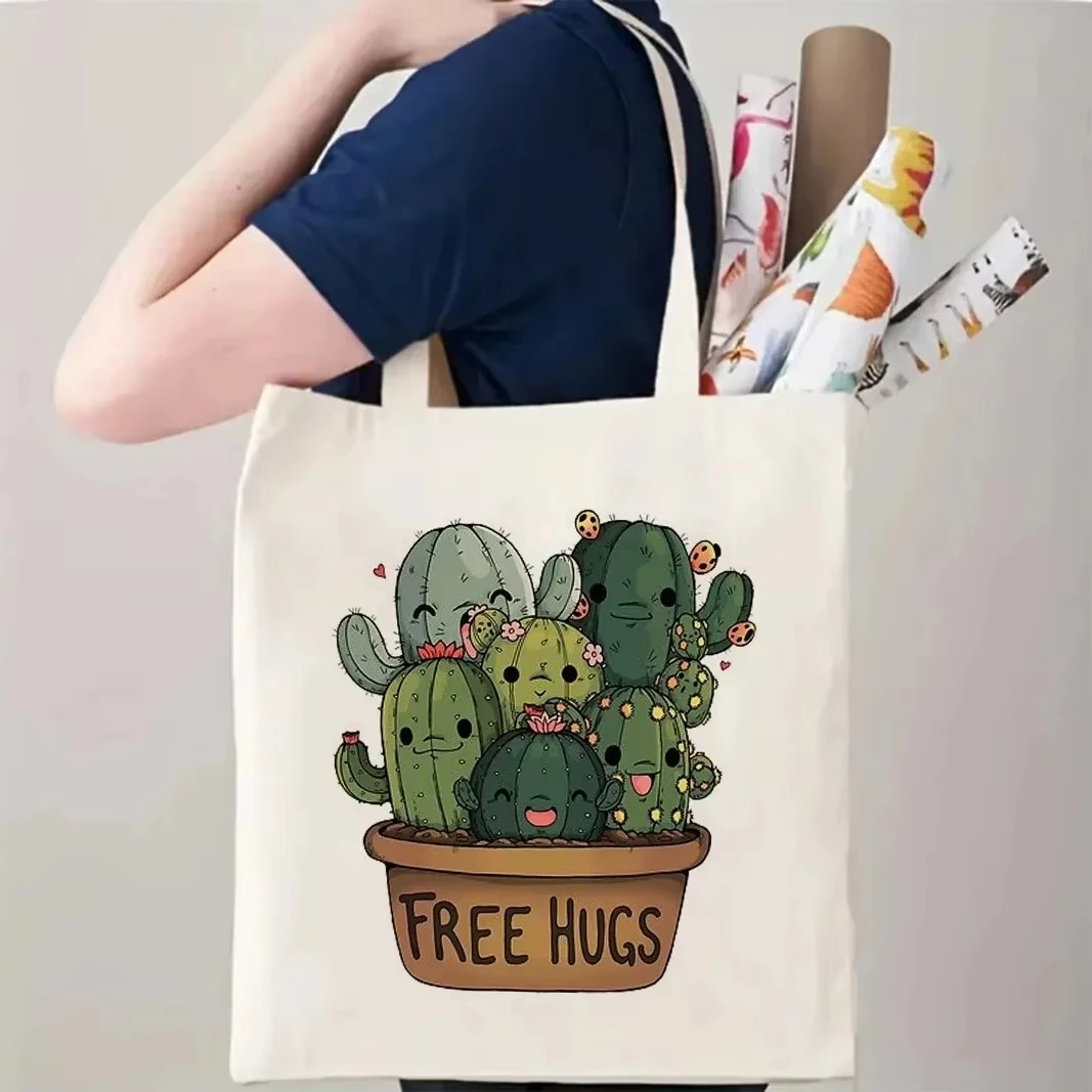 

2026 Cute Cartoon Cactus Print Canvas Tote Bag For Women Reusable Shopping Large-capacity and fashionable, versatile design
