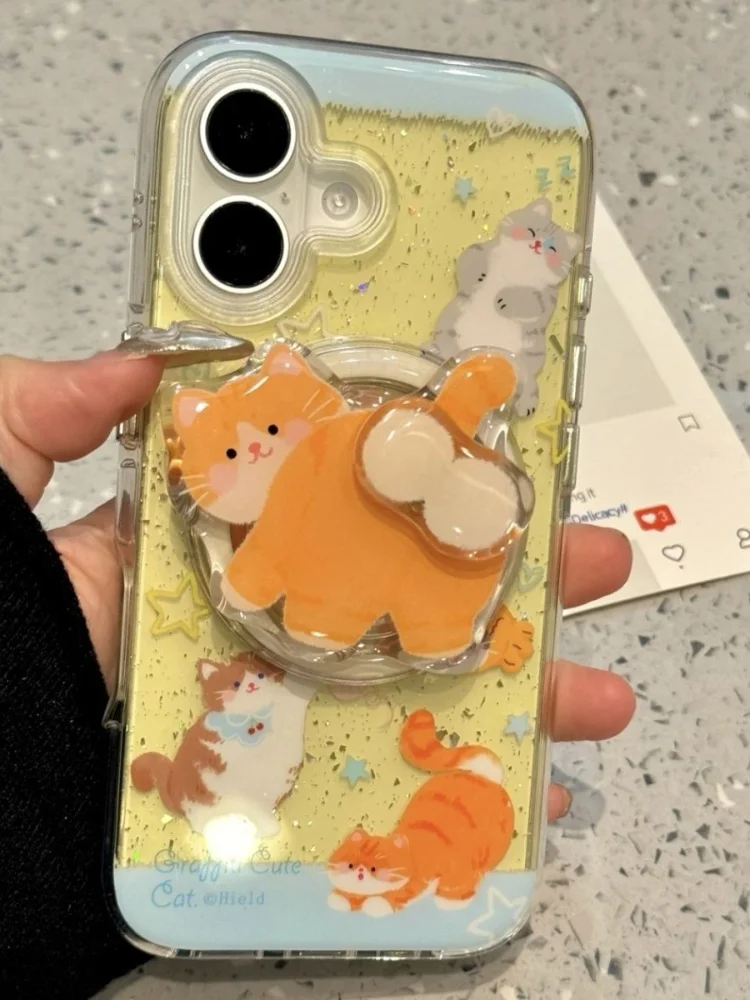 INS風のかわいい漫画風ジンジャーキャットマグネットホルダー グリップトック スマホスタンド iPhone 16 15 14対応 指リングホルダー