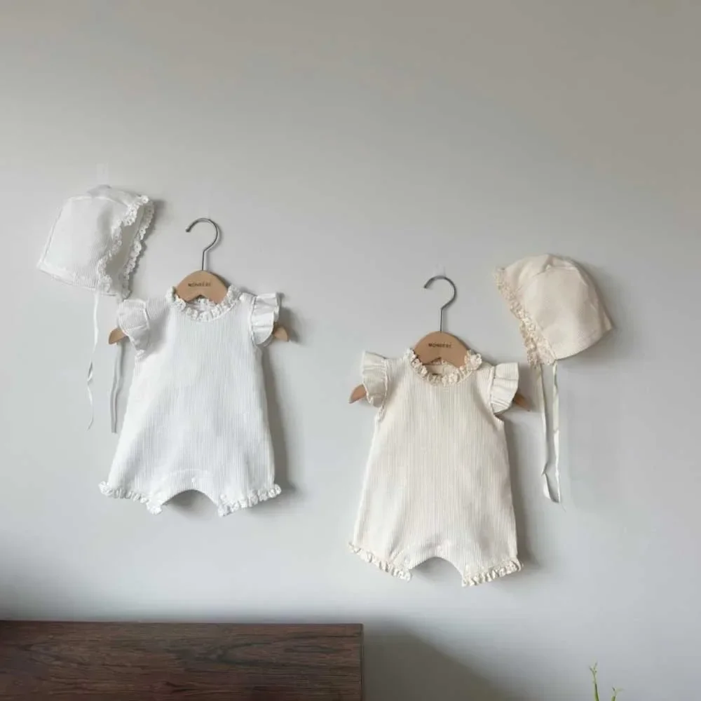 新生児服-ベビーボディスーツ-夏用-韓国風ワッフルレース-女の子用ワンピース服-クライミングウェア-帽子付き