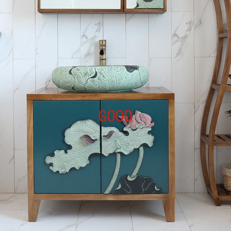 

Chinese solid wood bathroom cabinet mirror cabinet combination floor-to-ceiling bathroom cabinet sink