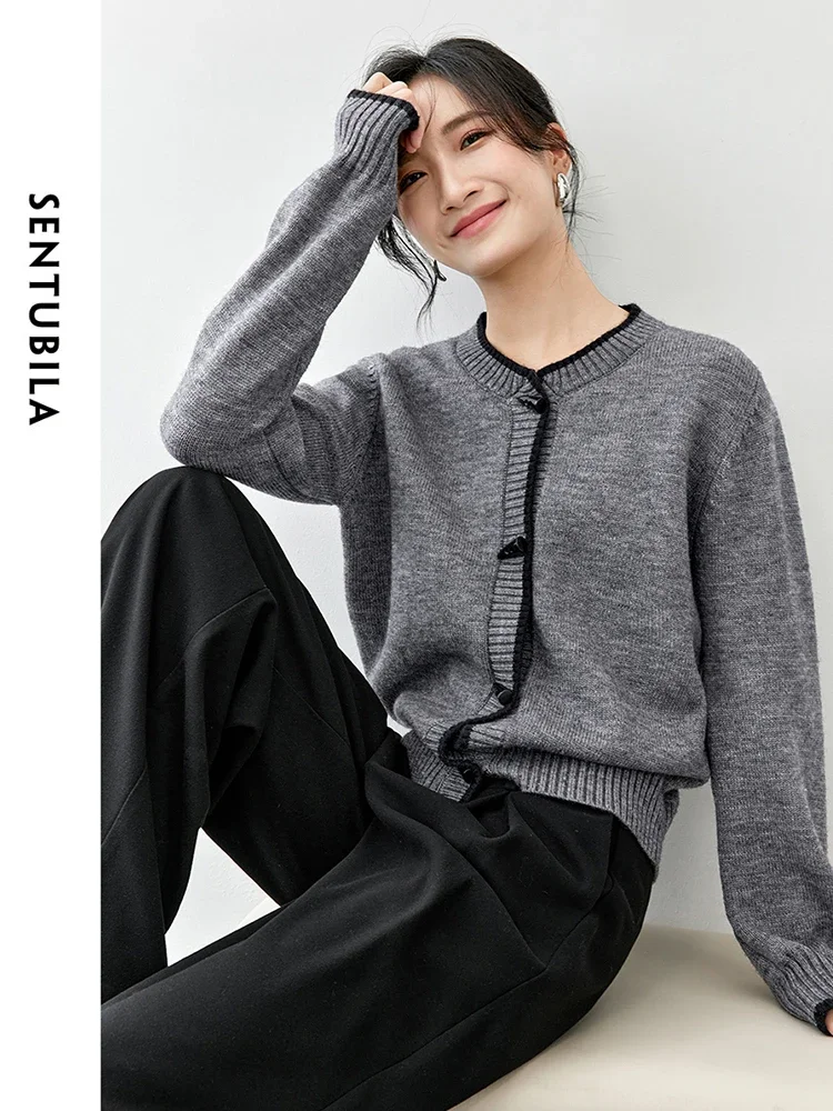 SENTUBILA Patchwork Wool Cardigan Women 2024 Autumn Round Neck Bull Horn Buckle Long Sleeve Short Top Womans Clothing W43E56366