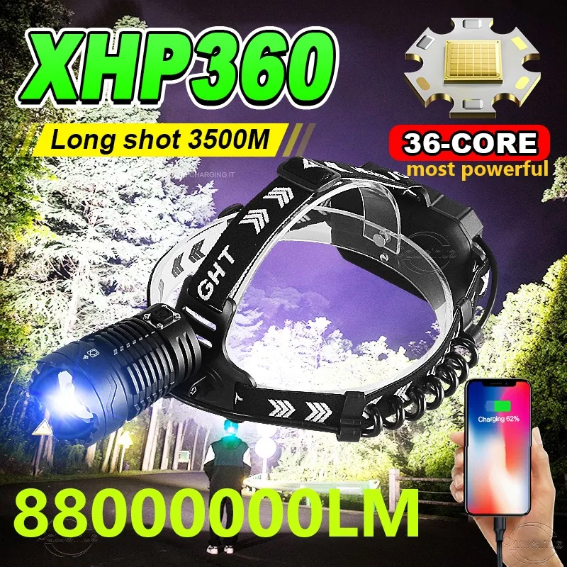 800W Powerful Head Flashlight XHP360 Led Headlamp USB Rechargeable Fishing Headlight Ultra Bright Power Bank Head-mounted Lights