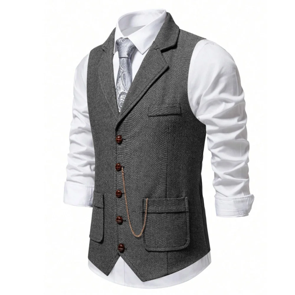 ผู้ชาย Herringbone Tweed Wool Vest Retro Lapel Single Breasted Casual แฟชั่น SLIM FIT เสื้อกั๊กผู้ชายสบายธุรกิจ