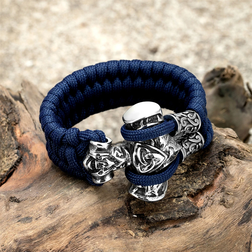 Norse Runes Thor\'s Hammer Bracelets Men Stainless Steel Vikings Survival Paracord Rope Wristband Handmade Braided Jewelry Gifts