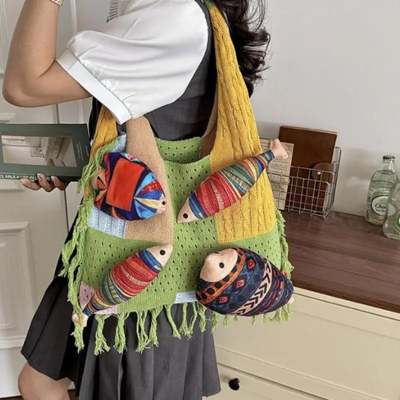Bohemian Crochet Tote Bag With Adorable Fish Pendant Reusable Large Capacity for Grocery Shopping Vacation Outing