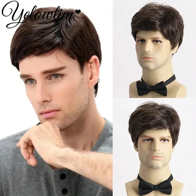 

YELOWTIM Synthetic wig Slant bangs men's short hair cover synthetic hair for daily wear styling men's wig