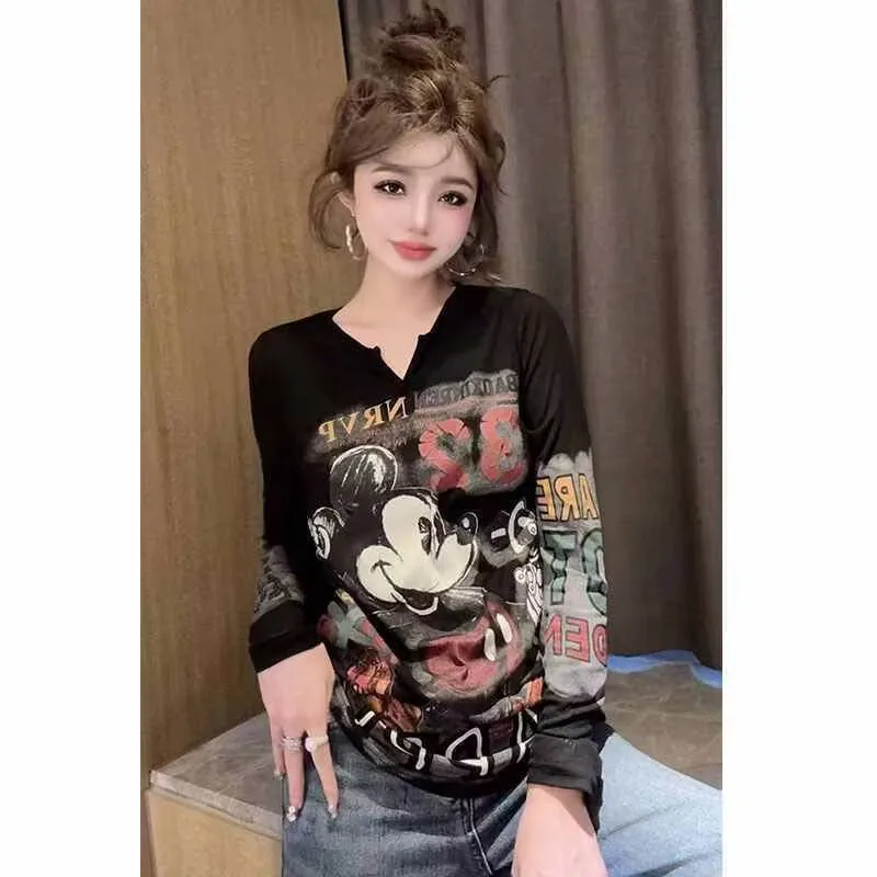 

Корейская версия, весна-лето, новые рубашки с длинными рукавами и буквенным принтом Микки для женщин, модный удобный топ, женская одежда