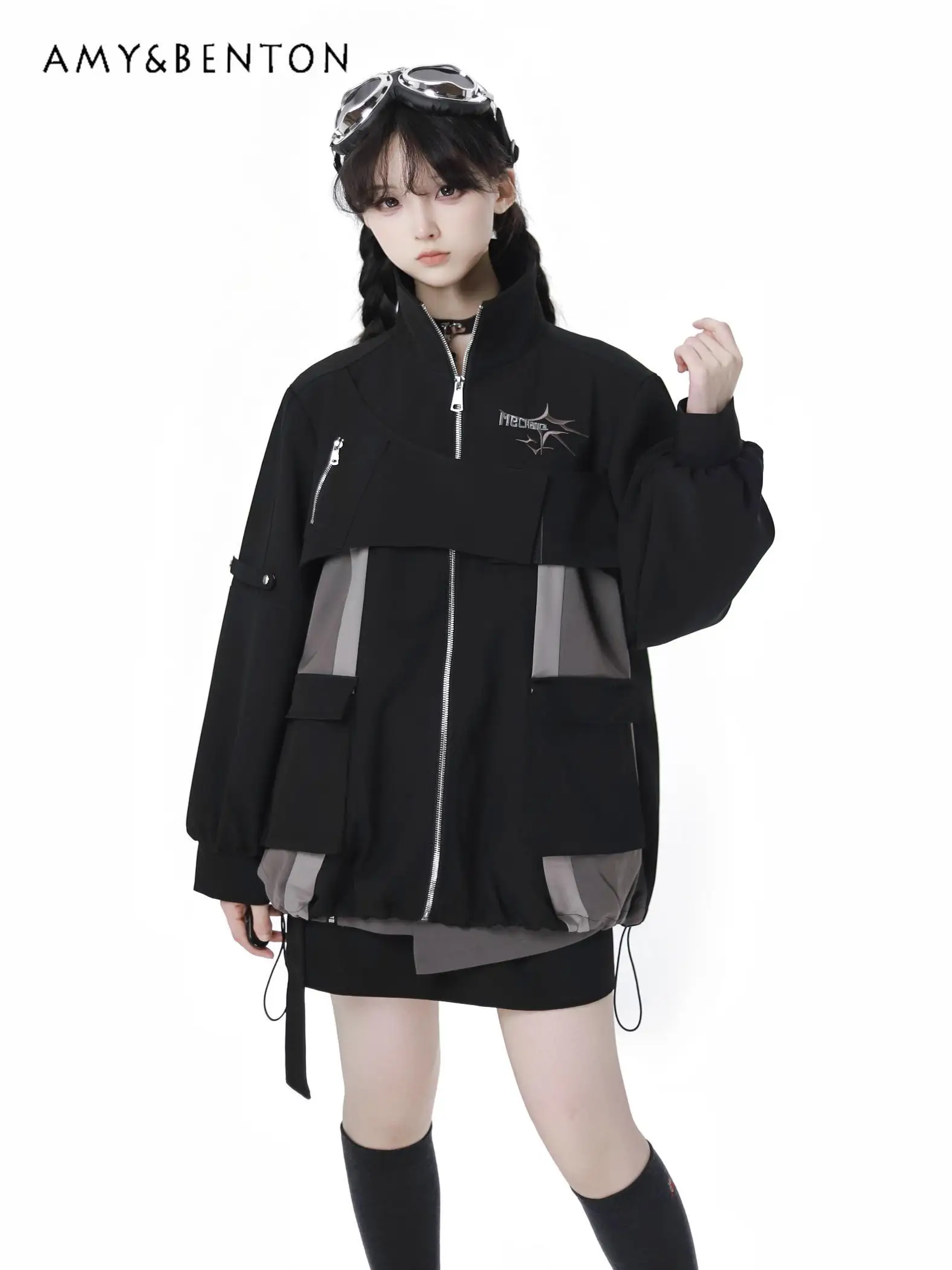 Autumn Winter Subculture Gothic Splicing Color Zipper Jacket High Waist Slim Mini Skirt Hot Girl Two Piece Sets Womens Outifits