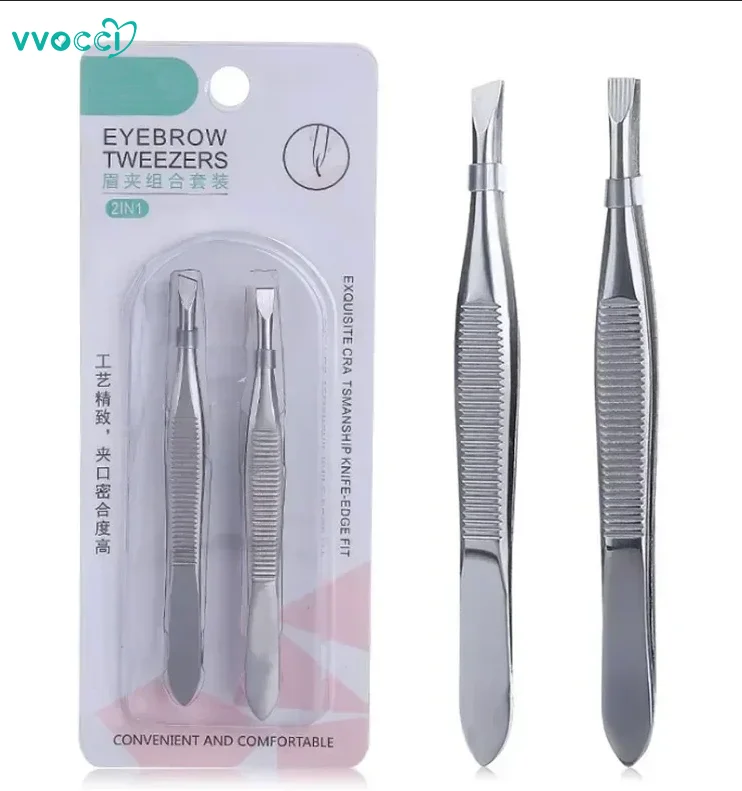 vvocci Plucking 2Pcs/Set Eyebrow Face Hair Remover Tweezers Eyebrow Professional Slanted/flat Stainless Steel Hair Removal Clip