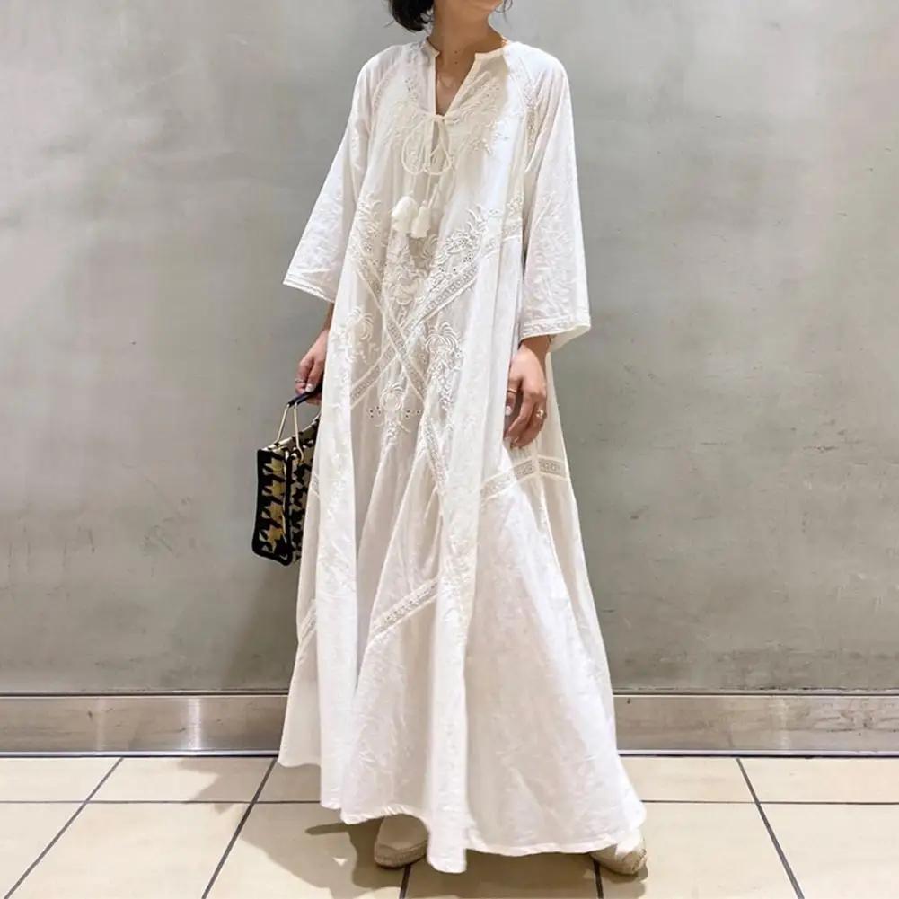 Vestido maxi reto com lanterna longa manga feminina, camisa gola V, vestido de verão monocromático, robe feminino, primavera, elegante, sólido, 2023