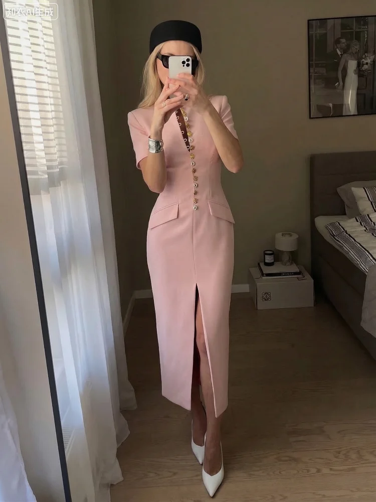 Nouvelle Robe Longue Élégante pour Femme, Col Montant Uni, Manches Courtes, Coupe Slim, Boutonnage S