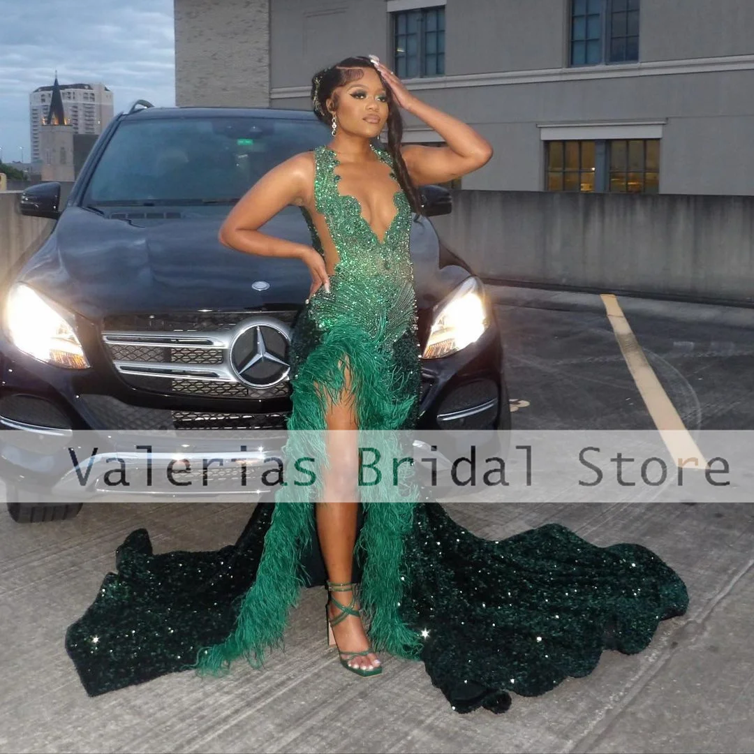 

Green And Orange Mermaid Prom Dresses For Black Girls Crystal Feathers Evening Dress Illusion Sexy Gowns Customized