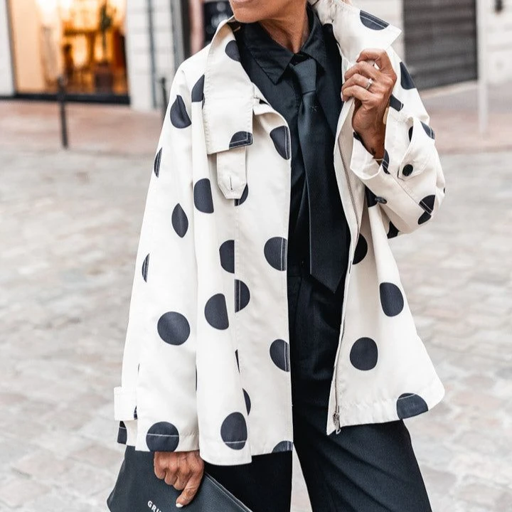 Women Autumn Winter White Black Polka Dot Jacket Stand Collar Zip Up Loose Short Windbreaker Coat