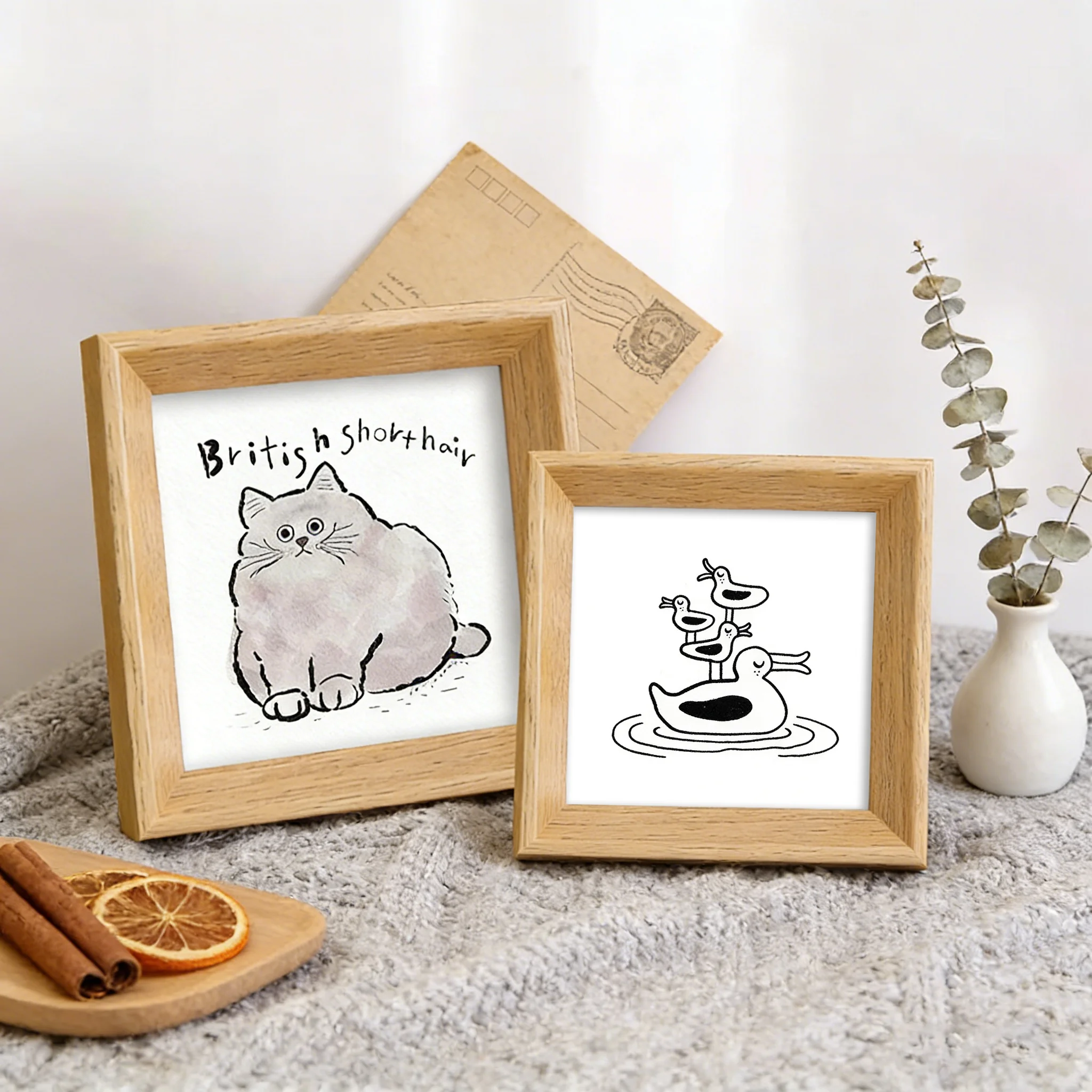 Artistic Fresh Style Mini Square Wooden Frame - Children's Room Desktop Ornament for Oil Pastel Art & Photo Storage