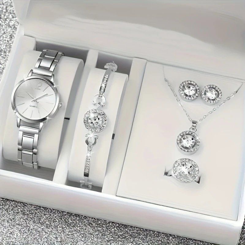 

5PCS/Set Small Dial Silver Compact Women's Watch Fashion Rhinestone Stainless Steel Band Quartz Watch Jewelry Female Watches