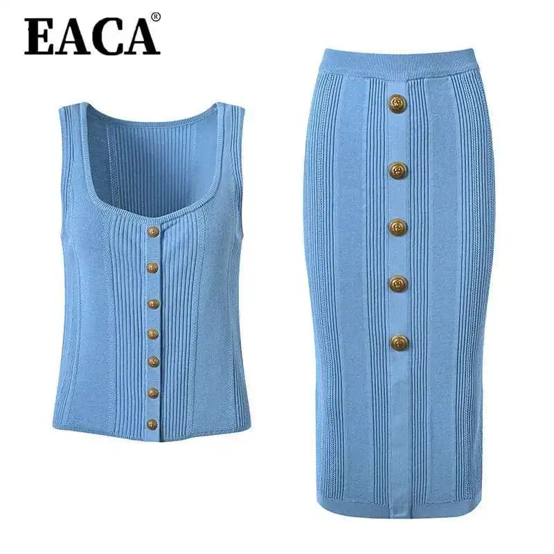 

EACA Square Neckline Single Row Gold Buckle 2025 Spring/summer New Women's Sleeveless Vest Half Skirt Knitted Elastic Set