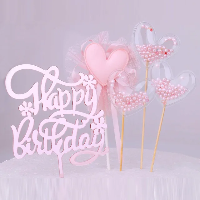 Restards Rose Gold Happy Birthday Cake Topper Heart Pink Pearls Cupcake Toppers dla dziewczynek Princess Party Decorations Supplies