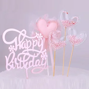 Alles Gute zum Geburtstag Toper -Kuchen mit Herz und rosa Perlen, Cupcake -Topper für Mädchen, Prinzessin Partydekoration, Religionsmittel, rosa Gold 6 Hauptverkaufstoper Flores Kuchen - №3