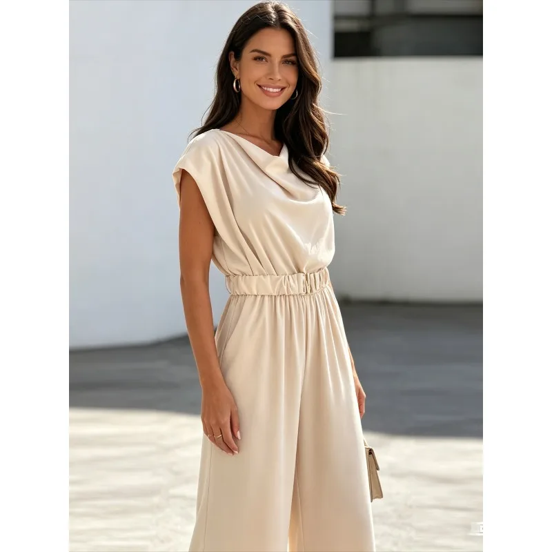 

Simple Elegant Solid Color Casual Pocket Women's Jumpsuit Pants Spring and Summer Fashion Cowl Neck Office Lady Clothes New