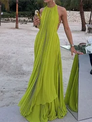 2025 Summer Fashion Beach Vacation Greed Two Piece Set For Women Halter Neck Backless Long Top Elegant Pleats Floor Length Skirt