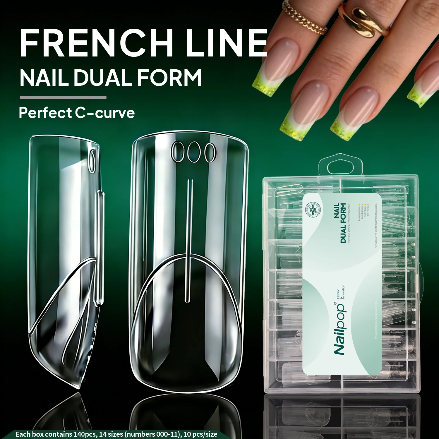 

Nailpop 140 шт. формы для наращивания ногтей с внутренней французской линией, двойная система, квадратные, балетные, прозрачные типсы для наращивания, 14 размеров, для салонов и домашнего использования