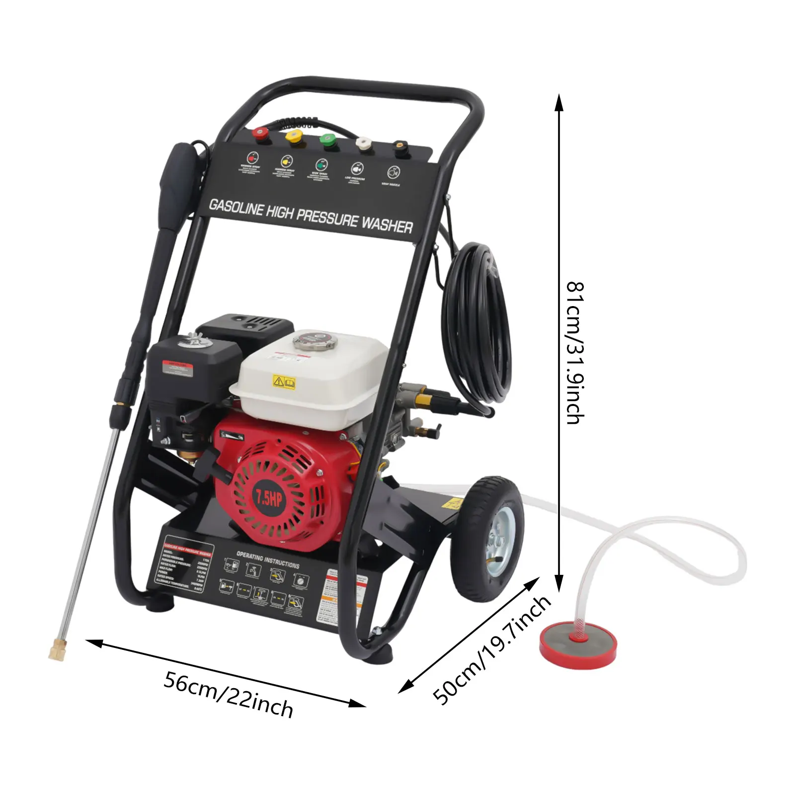 7,5 PS, 2200 PSI Hochdruckreiniger, 3400 U/min, benzinbetriebene Reinigungsmaschine mit 5 Düsen für Hof, Auto, geräuscharm, Handzugstarter – Detail 5