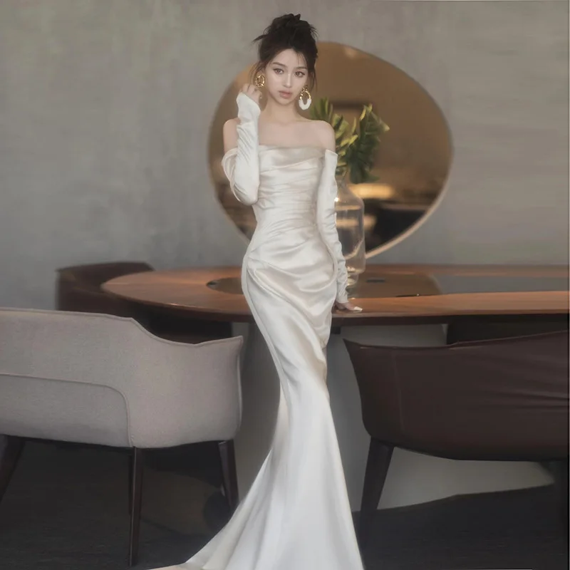 French Light Wedding Dress 2026 New Simple Satin Long Sleeves Off The Shoulder Elegant Bridal Gowns Fishtail Dresses Vestidos