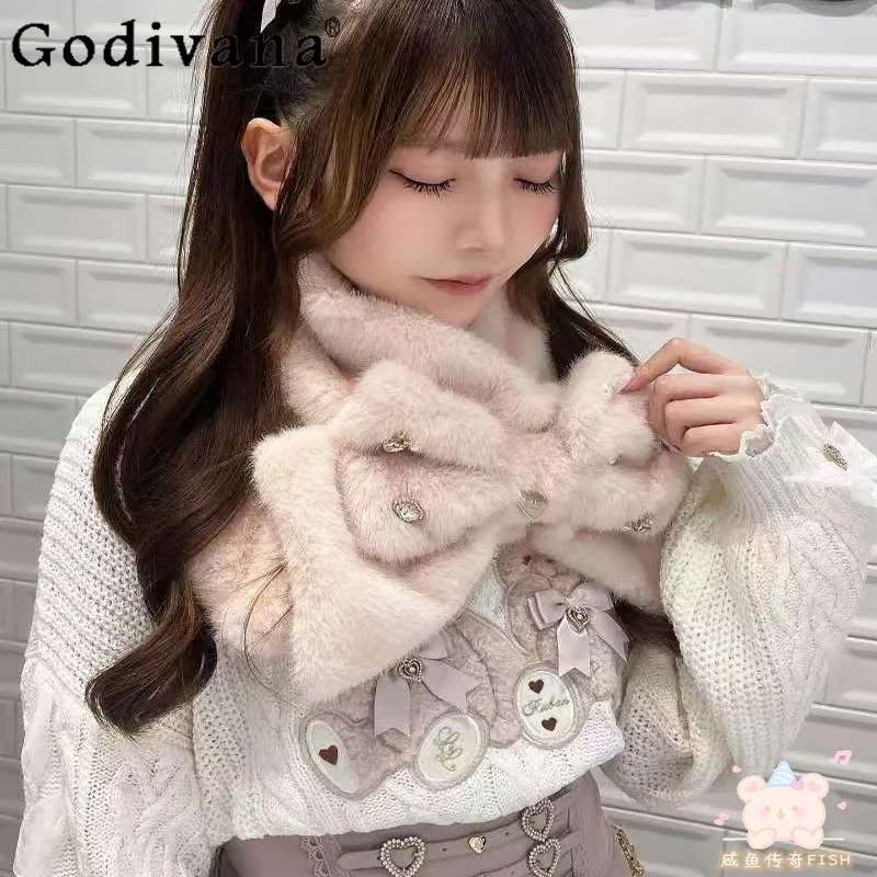

Autumn Winter Warm 2025 Mass-Produced Lolita Rhinestone Plush Bowknot Warm Scarf Sweet Girl Kawaii Neck Warmer