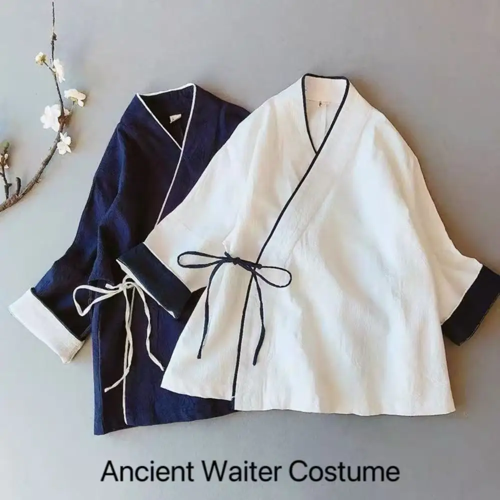 

Traditional Chinese Hanfu Workwear Ancient Restaurant Waiter Costume Retro Vintage Men Women Zen Tea Incense Art Culture Clothes