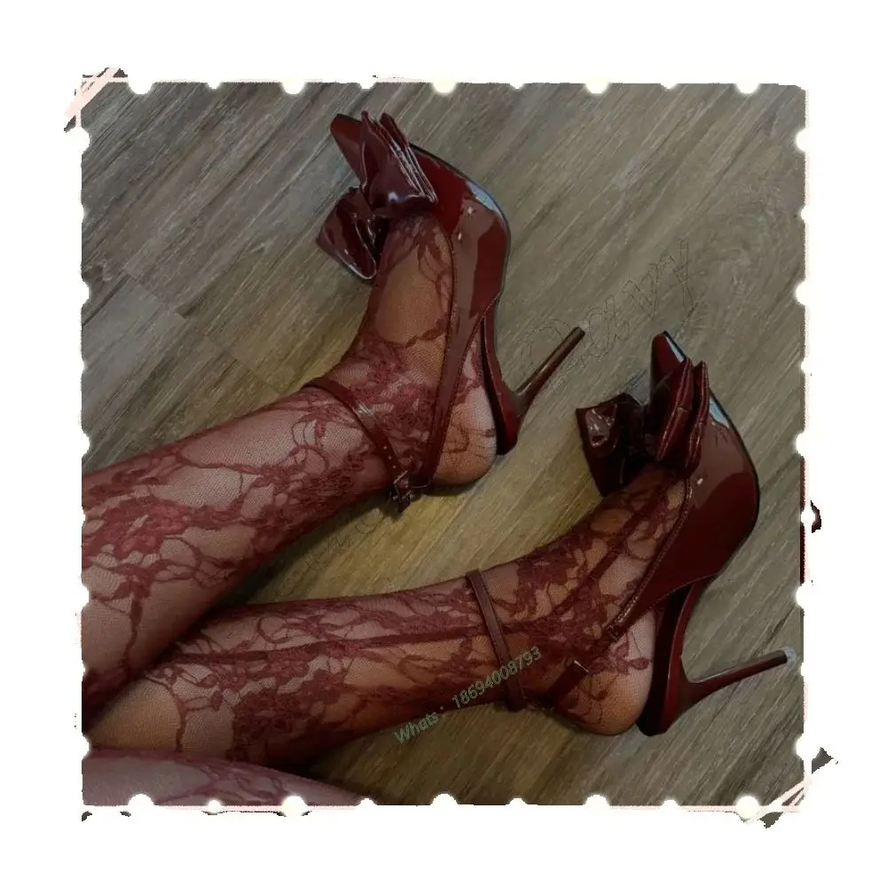 赤い蝶結び飾りパンプスサンダル、ポインテッドトゥスティレットハイヒール、女性用細ヒールハイヒールシューズ2025、レディースシューズ