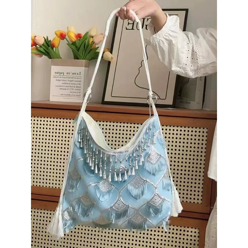 Bolso Tote Azul de Gran Capacidad con Flecos, Bolso de Playa Boho Chic para el Verano, Bolso de Hombro Casual para Viajes, Estilo Étnico Vintage