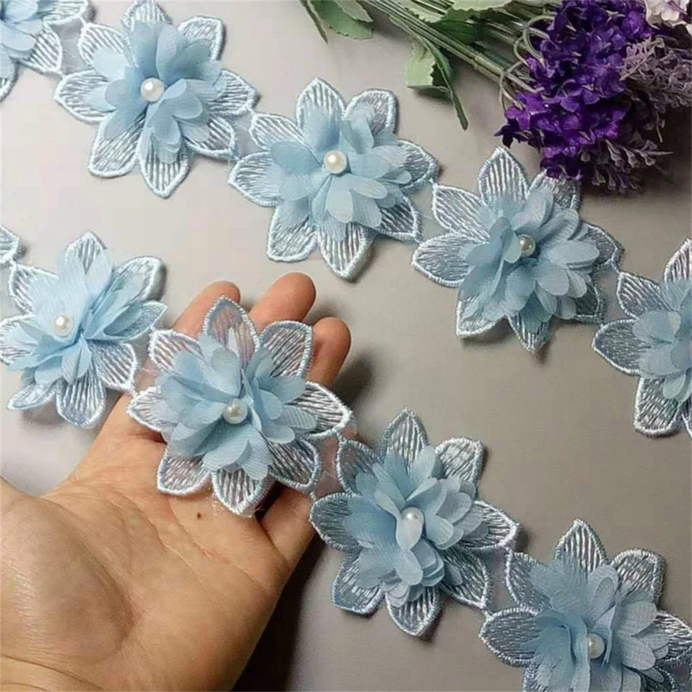 10X Cielo blu solubile fiore rosa perla chiffon ricamato pizzo nastro tessuto cucito artigianale patchwork decorazione fatta a mano