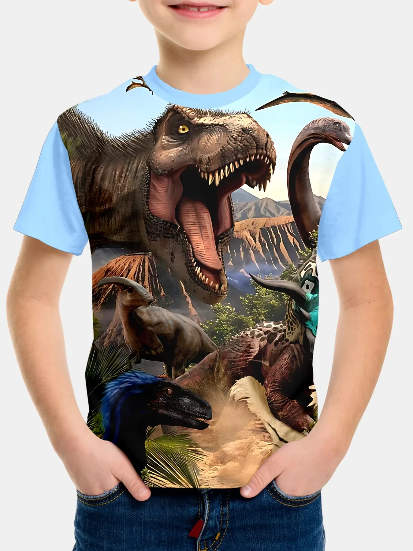 ملابس الأطفال بنين بنات ثلاثية الأبعاد مطبوعة ديناصور تي شيرت الصيف قصيرة الأكمام الصبي ملابس الأطفال عادية ملابس أطفال