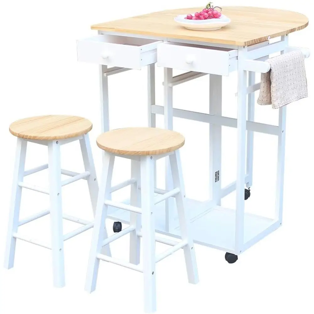 

Solid Wood Breakfast Cart with Drop Leaf, Kitchen Trolley Island, 2 Stools and 2 Chairs Set