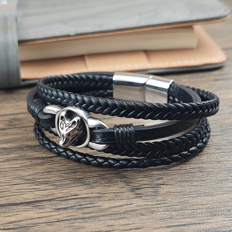Bracelet magnétique en cuir Viking avec motif tête de loup en relief, élégant et stable, adapté aux hommes, bracelet en acier inoxydable