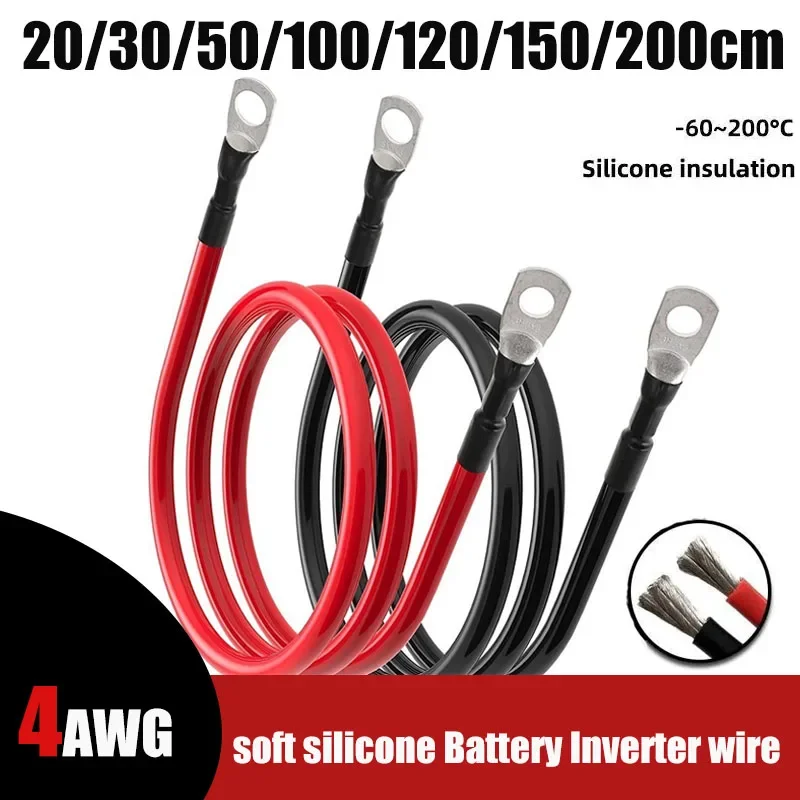 4AWG 25mm2 Flexible Solar Battery Silicone Cable with M6 M8 M10 Lug Terminal Red Black Connection Wire for Inverter Auto Car UPS