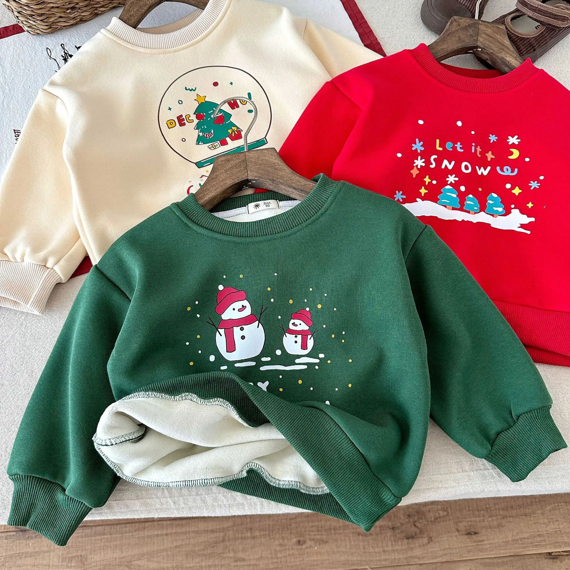 

2025 Winter New Children Fleece Sweatshirt Christmas Boys Girls Plus Velvet Thick Pullover Cotton Casual Kids Warm Clothes