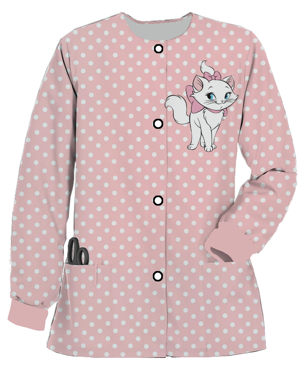 Schönheitssalon Damen Langarm-Cardigan mit Doppeltasche, lässige Arbeitskleidung, Disney Marie Cat, süße süße bedruckte Jacke