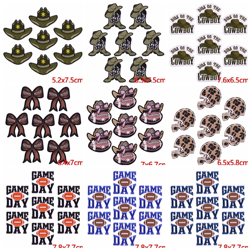 

10PCS Wholesale Game Day Iron On Patches For Clothes Cowboy Fusible Embroideried Patches For Clothing Bow Hat Applique Stickers