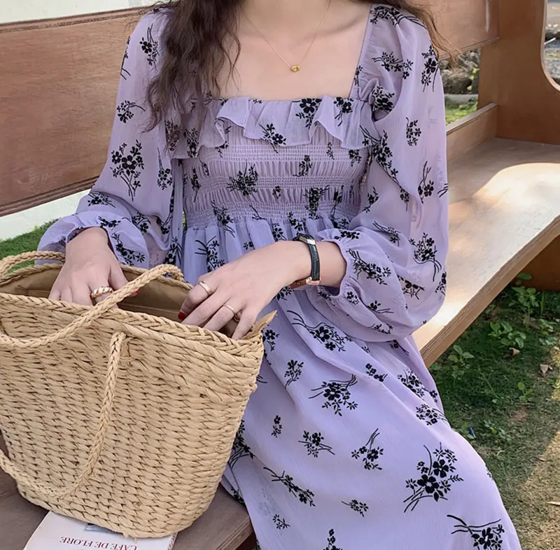 Vestido Retro Chic de manga larga con estampado Floral otoñal para mujer, falda empalmada con cuello cuad y manga de burb...