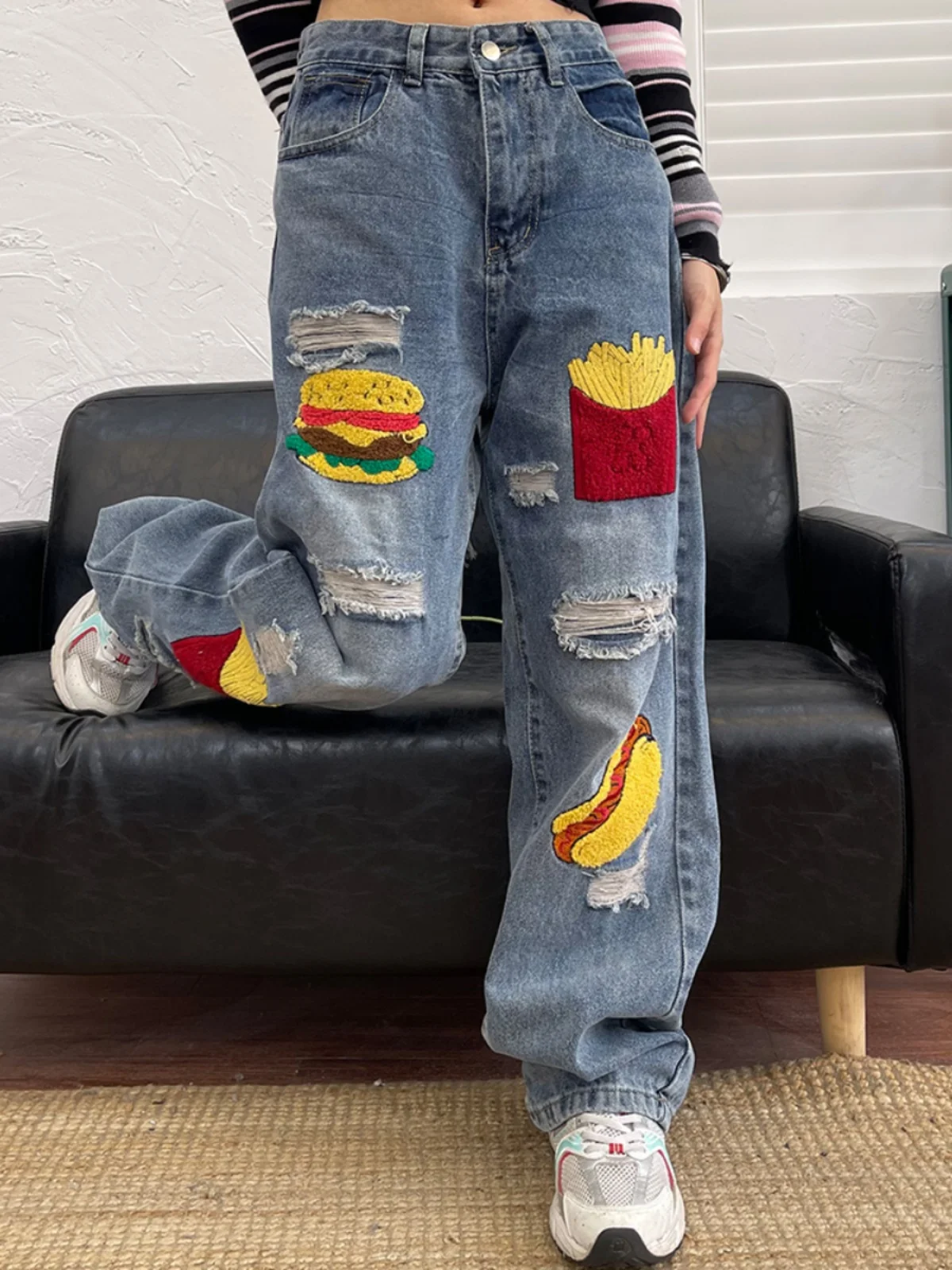 

French Fries Washed Ripped Jeans Women's 2024 Autumn New Loose Bf American Retro Wide Legs