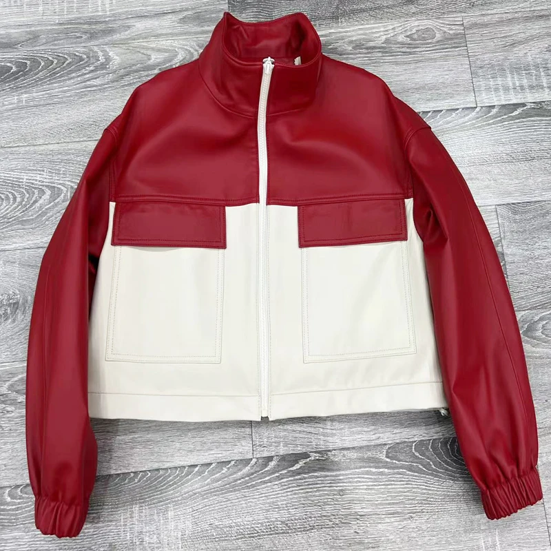 Red and White Double Color Baseball Jacket for Women Autumn New Edition Alive Genuine Leather Sheepskin Short Coat Outerwears