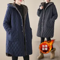 2022 Fall Winter Plush Mid Length Cotton Coat Vintage Thickened Warm Loose Hooded Fleece Jacket For Women Casual Overcoat T796